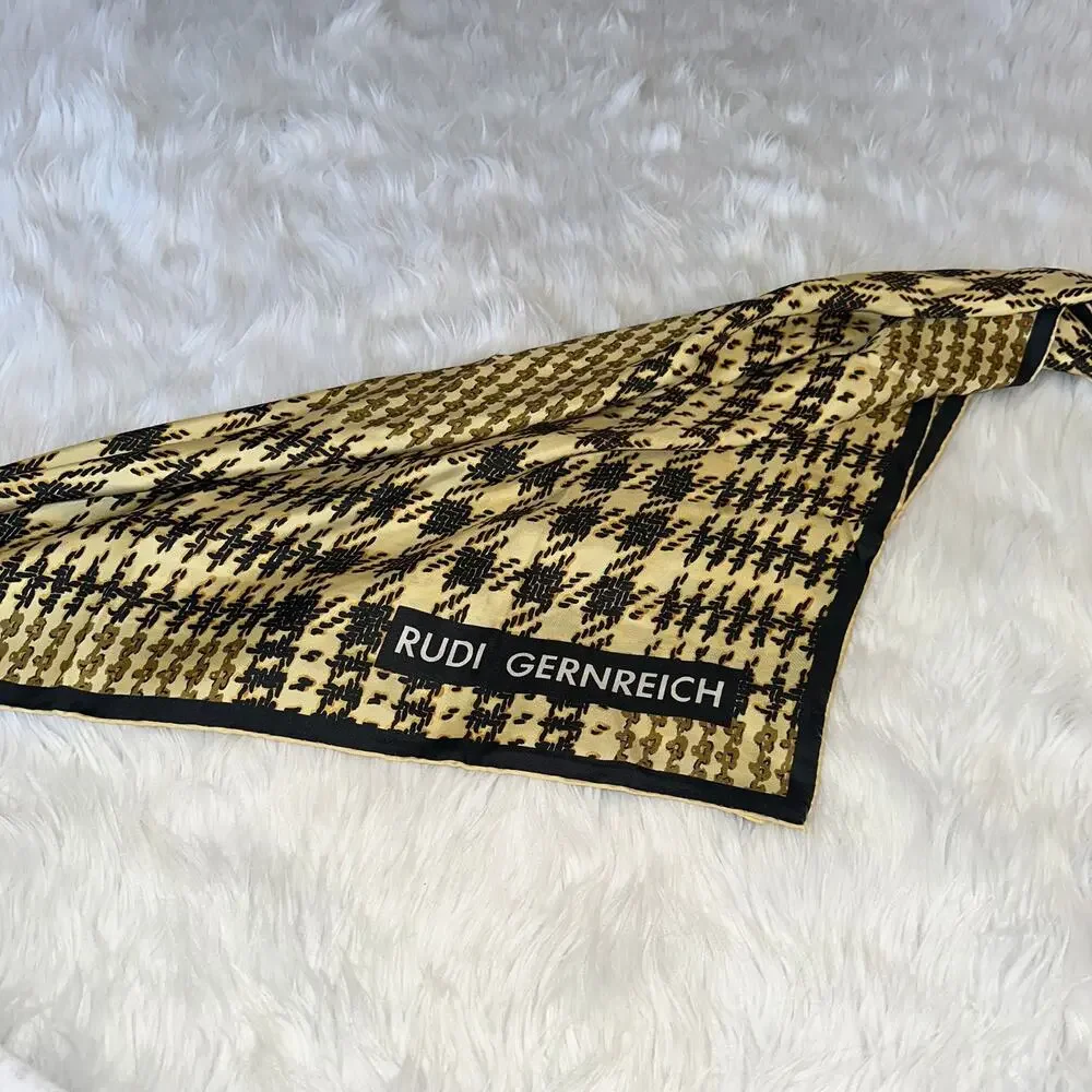 Rudi Gernreich Vintage 100% Silk Houndstooth Plaid Square Scarf Hand Rolled